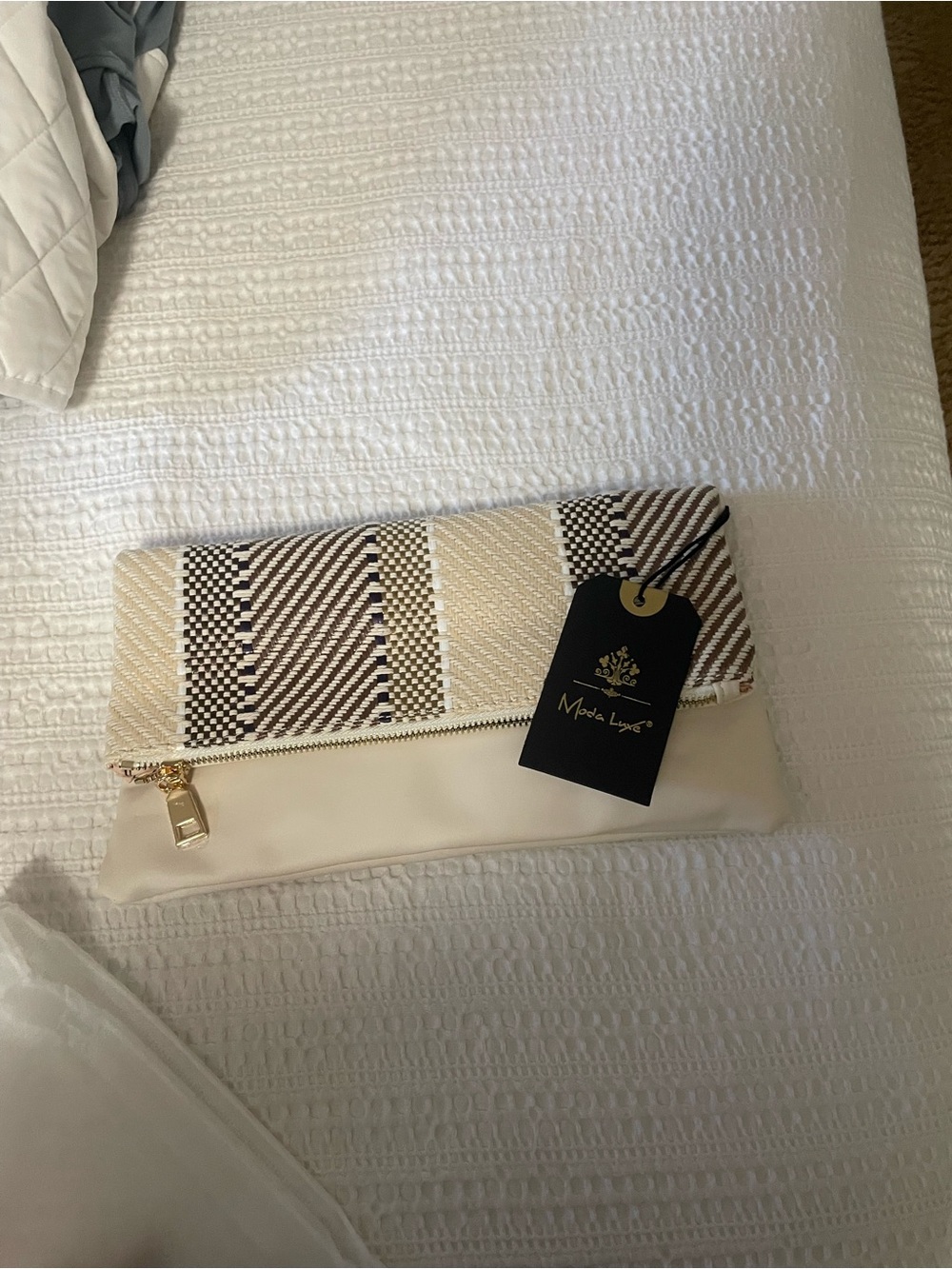 Moda Luxe Cream & Brown Woven Foldover Clutch